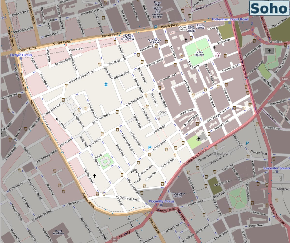 地図のロンドンのソーホー